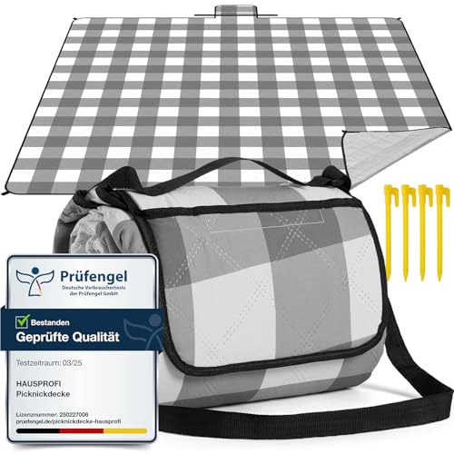 HAUSPROFI Picknickdecke 200x200cm, wasserdicht & isoliert - XXL Outdoor Decke für Picknick, Strand, Garten. Campingdecke mit Baumwolle gepolstert, Inkl. Tragegriff & Heringe, Grau/Weiß Kariert
