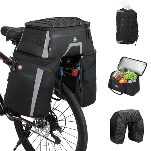 KEMIMOTO 4-In-1 Fahrradtaschen Gepäckträger, Fahrrad Gepäckträgertasche mit wasserdichte Regenhülle und abnehmbare Kühltasche, 58L große Kapazität, Fahrrad Taschen hinten