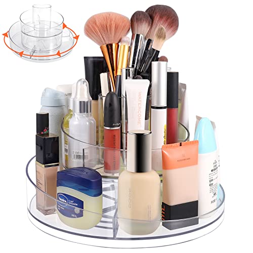 VORHOT Make Up Organizer Drehbar, Kosmetik Organizer Durchsichtig, Schminktisch Organizer Acryl, 360° Drehbarer Pinsel Organizer für Dresser Badezimmer Schlafzimmer, Doppellagiger Kosmetik-Organisator