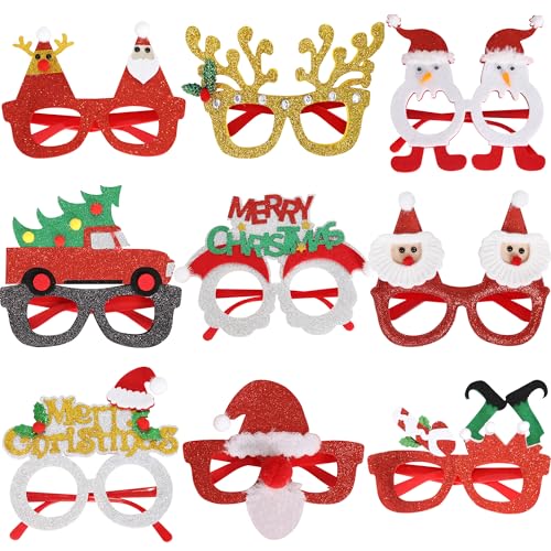 VITEVER Weihnachtsbrillen, 9 Stück Partybrillen Set Kreative Weihnachten Brillen Party Gläser Cartoon Nette Sortierte Partybrillen Lustige Brille für Partydekoration