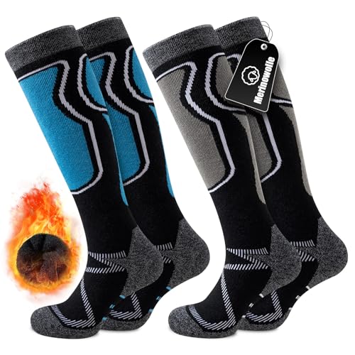 Effeet 2 Paar Skisocken aus Merinowolle für Herren Damen, Warme Gepolsterte Thermosocken Weich Winterstrümpfe, Kniestrümpfe mit Polsterung für Snowboarden Skifahren Jagen Wandern Blau & Schwarz 43-46