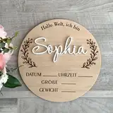 Personalisierte Hallo Welt Holzschild mit Name und gravierte Blätter, Meilenstein Hallo Welt aus Holz, Babygeschenk Geburt, Geburtsanzeige Baby-Ankündigung Schild, Geschenk zur Geburt (Design 1)