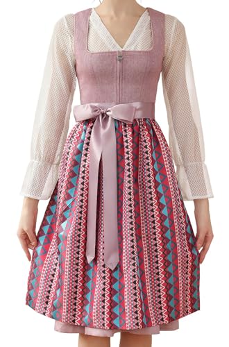 EIISSION Dirndl Damen midi Trachten Damen Rosa Trachtenkleid mit 3 Teilig Trachtenrock Dirndlbluse Schürze Trachtenmode Kleid für Oktoberfest 48