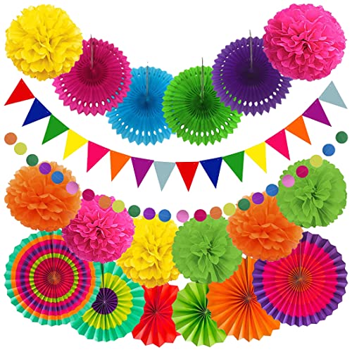 LEAO 20 Stück Fiesta Party Dekoration Mexikanische Deko, Hängende Papier Pompoms Aufhängen Fächer Banner Wimpelkette Wimpel Runde Punkte Girlande für Party Hochzeit Geburtstag Festival Weihnachten