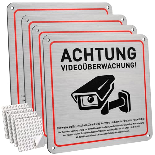 Luxoraiova 4 Stück Schild Videoüberwachung privatgrundstück, 15 x 15 cm Aluminium Aufkleber Videoüberwachung mit Selbstklebend und 4 Bohrlöcher, Achtung Videoüberwachung Schild für Innen und Außen
