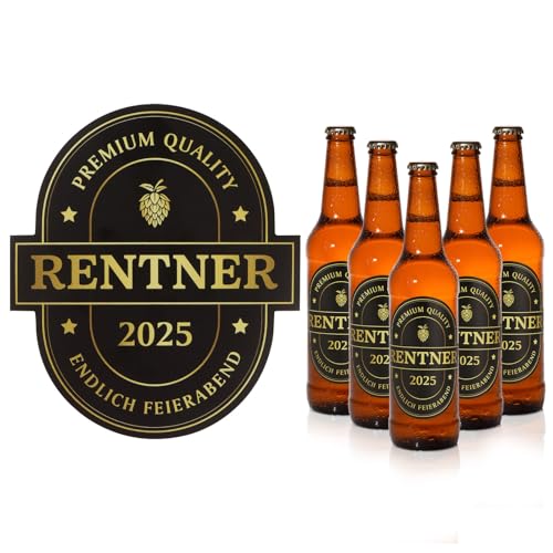 BETESSIN Rentner Geschenk Mann - Rentner 2025 – 6 Stück Premium Ruhestand Flaschenetiketten Selbstklebend - Renteneintritt Geschenk Männer - Lustiges Ruhestand Geschenk Rente Mann