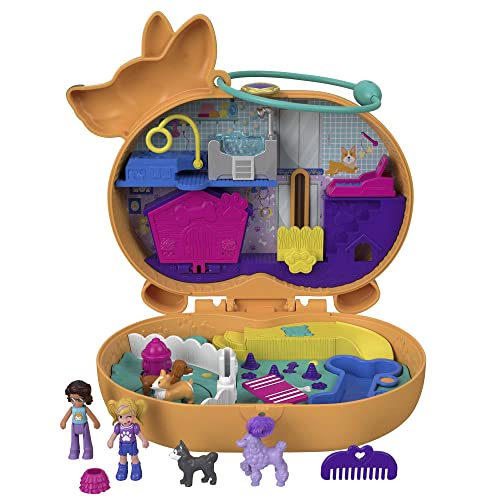 Polly Pocket GTN13- Corgi-Hundehotel Schatulle Im Haustierhotel-Design, Kleine Polly Und Shani Puppen, 2 Hundefiguren (Pudel & Husky), Ãœberraschungseffekten, Spielzeug Geschenk Für Kinder Ab 4 Jahren