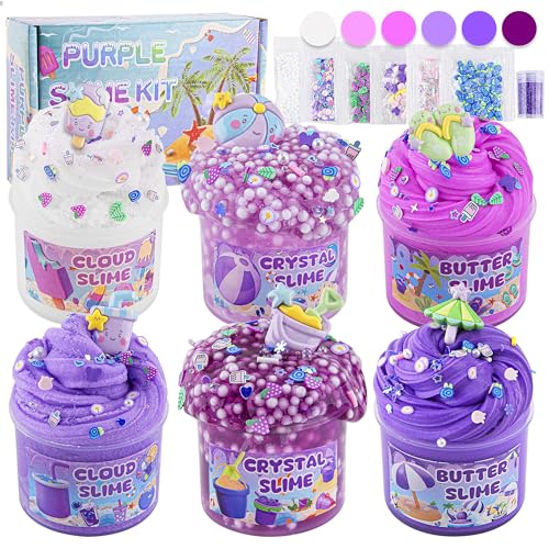 LAWOHO 6 Stück Farbverlauf Lila Slime Set - Fluffy Cloud Wolkenschleim, Butter Schleim & Clear Slime, Crunchy Slime für Kinder, Geburtstag Halloween Weihnachten Geschenk für Mädchen & Jungen (Strand)