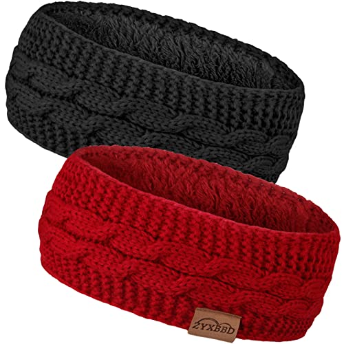 Winter Stirnband für Damen- Mädchen Gestrickte Haarreifen Verdicken Elastische Haarband Ohrenwärmer für Outdoor Sport, Einkaufen, Skifahren, Laufen, Joggen (Schwarz + Rot)