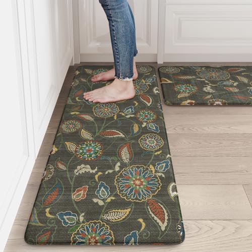 Ailsan Kitchen Mats Cushioned Anti Fatigue, Non Slip Kitchen Mats for Floor, Memory Foam Kitchen Mat, Waterproof Kitchen Rugs Sets of 2, PVC Kitchen Floor Mat for Home, Olive Green