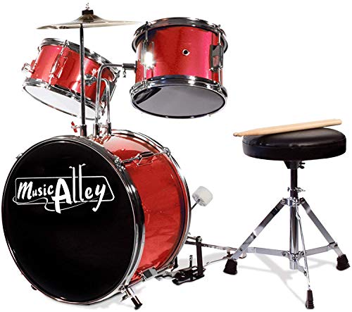 Music Alley Junior Drum Kit for Kids with Kick Drum Pedal, Drum Stool & Drum Sticks - Red