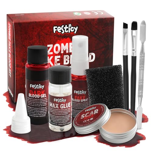 Festicy Halloween Spezialeffekt Make Up Set I Kunstblut, Narbenwachs, Blutspray & mehr – Perfekt für gruselige Halloween Kostüme Damen und Herren I Vampir, Zombie, Untoter