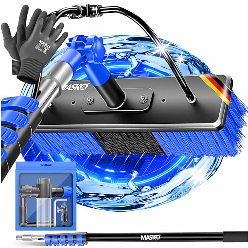 MASKO® Teleskop Waschbürste mit Wasseranschluss 9,1m Reinigungsbürste mit Teleskopstiel Ausziehbar | Teleskopbesen | Fenster & PV-Anlagen-Reinigung | Weiche Borsten Inkl. Seifenspender & Handschuhe