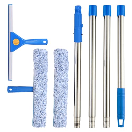 1,5m Fensterreiniger mit Langem Griff, 35cm Fensterabzieher und 38cm Fensterwischer als Kombi-Set, Profi Fensterreinigungsset Glaswischer für Glas Fenster Putzen, Dusche und Glastür Reinigung