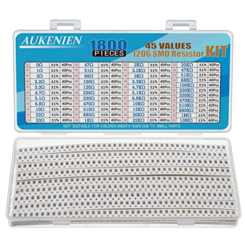 AUKENIEN 1206 SMD Widerstand Sortiment 45 Werte 1800 Stück 0R bis 10M Ohm Resistor 1/4W SMT Widerstände Kit mit ±1% Toleranz