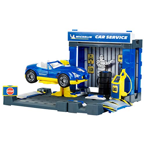 Theo Klein 3408 Michelin Service Station mit Auto | Gebäude und Auto mit Schraubsystem demontierbar | Inkl. Schraubendreher u.v.m. | Maße: 41 cm x 39 cm x 29 cm | Spielzeug für Kinder ab 3 Jahren