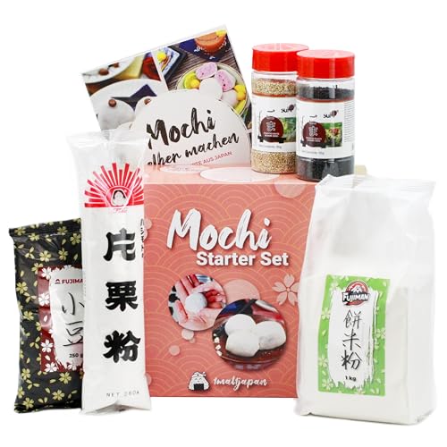 Mochi Kochset für japanische Reiskuchen – 6-tlg. | 5 leckere Mochi Rezepte selber machen: Mochi Eis, Schoko Mochi u.v.m., glutenfrei & vegan, Geschenkidee | mit Klebreismehl, Sesam und Adzukibohnen