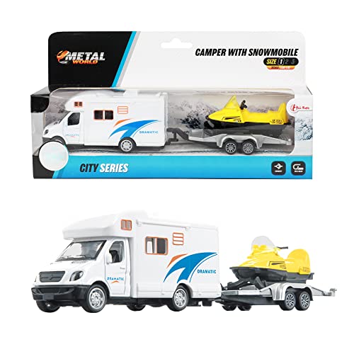 Toi-Toys Camper mit Schneemobil Anhänger - Spielzeugauto ab 3 Jahre - Wohnwagen Spielzeug & Schneefahrzeug - Rückzugmotor