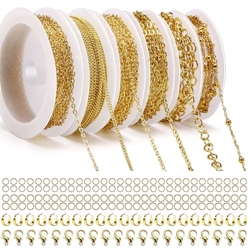 14m 6 Rollen Gliederkette Gold, Schmuckketten zum Basteln, Gliederkette Meterware, Halskettenketten Zubehör mit Ringen und Karabinerverschlüssen und U Ringen für Schmuck Diy Herstellung