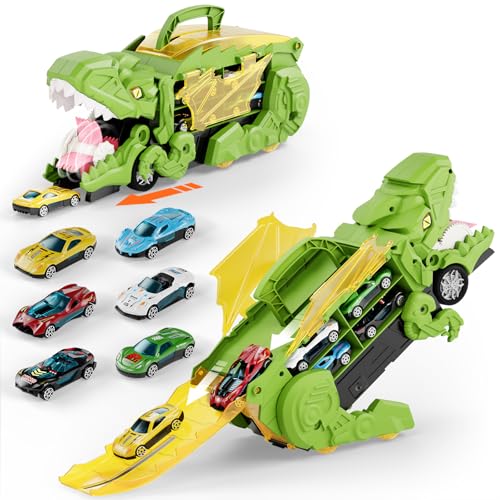 Klsniur Dinosaurier Transporter Truck Auto Spielzeug ab 3 4 5 6 Jahre Tragbares Rennspielzeug mit 6 Fahrzeugen und Speicherplatz, Multifunktionales Kinderspielzeug mit Verschlucken und Verformung