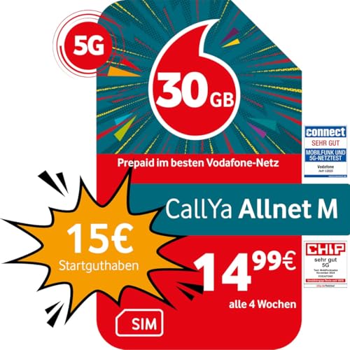 Vodafone Prepaid CallYa M | 30 GB | 15 EUR Startguthaben | ohne Vertrag | 5G-Netz | Telefon- SMS-Flat | EU-Roaming