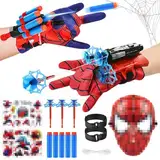2 Set Spiderm Launcher Handschuh,Spiderm Handschuhe,Super Spiderm Launcher,Kids Spiderm Hero Handschuhe mit Maske und Aufkleber,Spiderm netzwerfer,Spiderm Hero Handschuhe,Geschenk für Kinder Fans