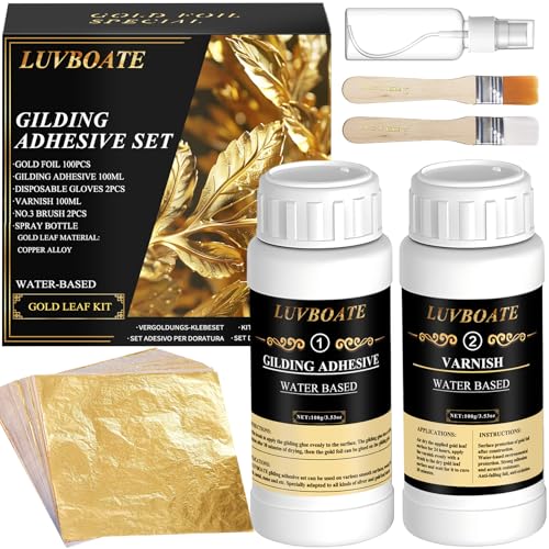 Vergoldung Kleber Set, LUVBOATE Blattgold Kit, 100ml Klebstoff auf Wasserbasis und 100ml Lack mit Blattgold Blatt 100 Stück, für Kunst, Handwerk, Malerei, Möbel und Dekoration
