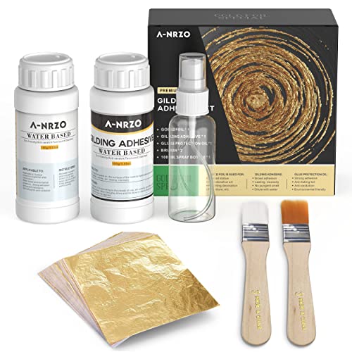 Blattgold Folien Set für Kunst und Handwerk 100 Stück Imitationsblattgold Wasserbasierter Vergoldungskleber und Schutzlack Inklusive Pinsel und Sprühflasche Vielseitig für Dekoration und Restaurierung