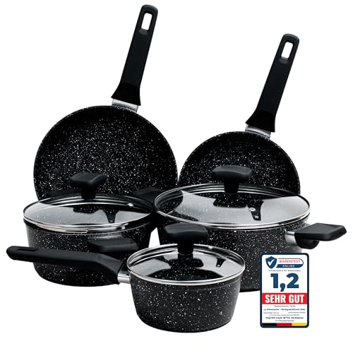 La Moustache - 8-Teiliges Kochgeschirr, Set Antihaftbeschichtetem Aluminium, 3 Töpfe mit 3 Deckeln aus Gehärtetem Glas und 2 Bratpfannen für Alle Herdarten, Sogar Induktion (Onix)