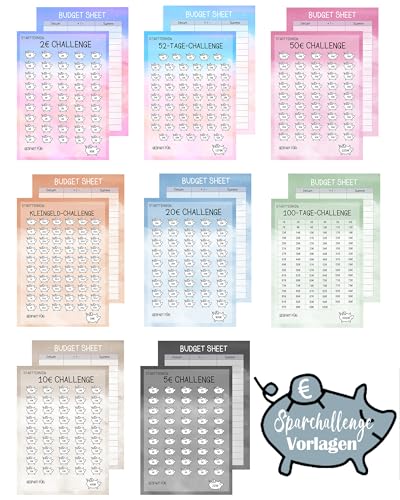 Sugeru®24pcs Budget Planner Deutsch-A6,Sparchallenge Budgetplaner,Budget Planner Zubehör,Spar Challenge mit 2€, 5€, 10€, 20€, 50€, Kleingeld, 52 TAGE, 100 TAGE,8 Farben Sparchallenges