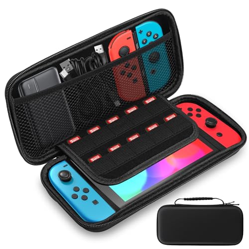 Schwarze Hartschalen-Transporttasche für Nintendo Switch und Switch OLED – Nintendo Switch Tasche – Nintendo Switch OLED Tasche – Switch Tasche – Mit 20 Spielekartenfächern und Zubehöraufbewahrung