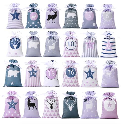 Weihnachts-Adventskalender-Tüten, 24 Tage Countdown Jutebeutel zum Aufhängen, Adventskalender, Geschenkgeschenke für Weihnachtsdekorationen (Lila)