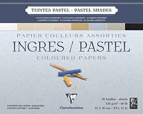 Clairefontaine 96487C Zeichenblock Ingres (geleimt, 25 Blatt, 130 g, gekörnt, 24 x 30 cm, ideal für Trockentechnik) 8 pastellfarben