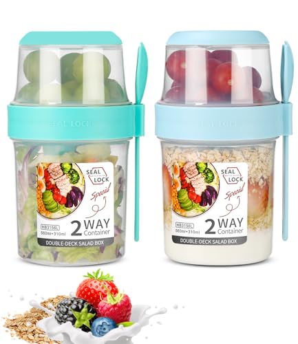 SinLaw 2 Stück MüSlibecher to go,Jogurtbecher für Unterwegs mit löffel,Joghurt to Go Becher,Doppelschicht Auslaufsicherer Joghurtbecher,Salatbecher (Green+Blue（310ml+560ml)