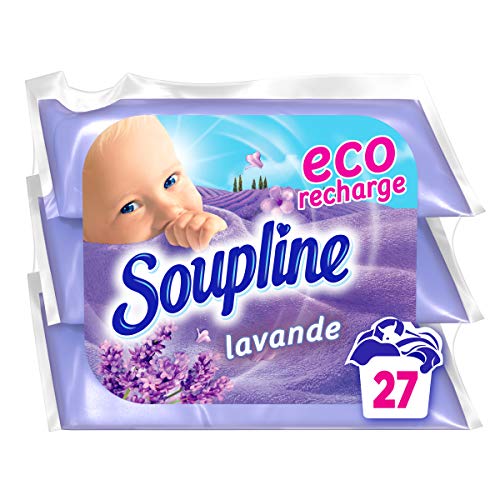 SOUPLINE - Weichspüler Soupline Lavender Eco-Nachfüllpackungen — für unglaublich sanfte Wäsche — lang anhaltende Frische — 3 x 200 ml = 2 Liter klassischer Weichspüler = 27 Wäschen