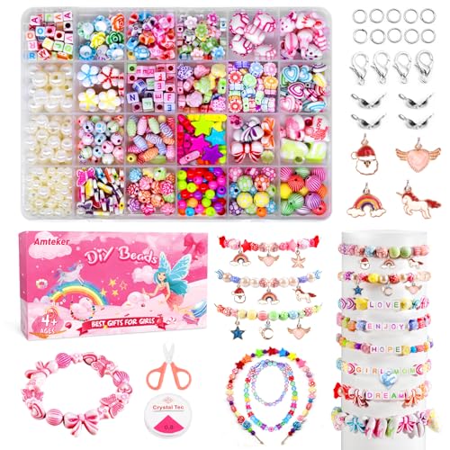 Amteker Geschenke für Mädchen, Bastelset Kinder ab 6 Jahr DIY Perlen Zum Auffädeln, Basteln Mädchen 8 Jahre Armbänder Selber Machen 24 Farben, Einschulung Mädchen Geschenk 4 5 6 7 8 9 Jahre