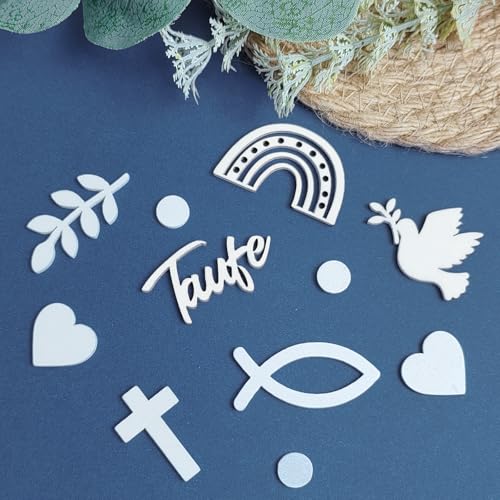Streudeko Taufe, Tischdeko Taufe 120 Stück, Taufe Deko Mädchen mit Holzfische Deko Kreuz Regenbogen Weizenähren Tauben uchstaben Herz Punkte Taufdeko Junge