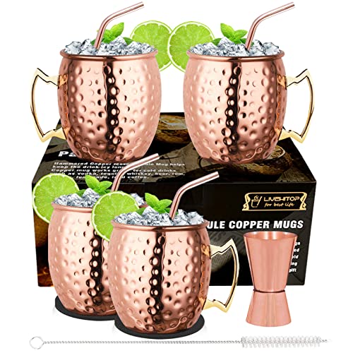 LIVEHITOP Moscow Mule Tassen, 4 Stück, 4 Stück, Kupferbecher mit 4 Unterkatastern, 4 Strohhalmen, Pinsel Jigger und Stroh, Tasse Geschenk Set für Haus, Bar, Party (4)