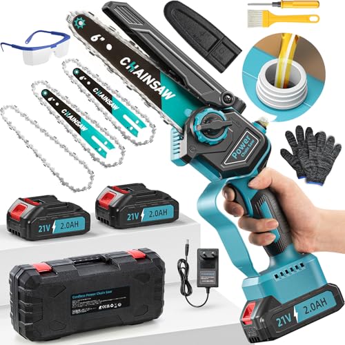 Akku kettensäge, Mini Kettensäge mit Akku 2 x 2000mAh, Bürstenlose 6 Zoll Mini Kettensäge Elektro mit Automatischer Öler, 3 Ketten, Kompatibel mit Makita 18V Akku, Astsäge akku für Holzschneidenz