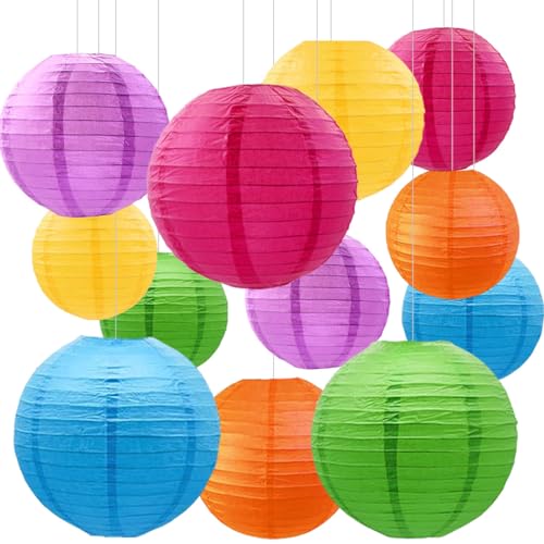 CC wonderland zone 12 Stück Papier Lampions Regenbogen,Bunt Runde Papierlaterne Papier Laterne für Lampenschirm Deko,Hochzeitsdekorationen, Geburtstagsfeier,Gartenparty Deko