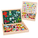 Uping Holzpuzzle mit Doppelseitige Magnettafel,Kinder Magnetische Holzspielzeug,155 Stücke Nettes Farm Tier/Auto/Buchstaben Digitales Puzzle -Muster, Geschenk für Junge und Mädchen