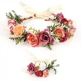 Blumenkranz Blume Krone Stirnband, Rose Braut Haarschmuck mit Armband-Set, GuKKK Blumenstirnband Verstellbarer Gürtel, Haarbänder Floral Girlande, für Damen Hochzeit Zeremonie Festival Party Strand