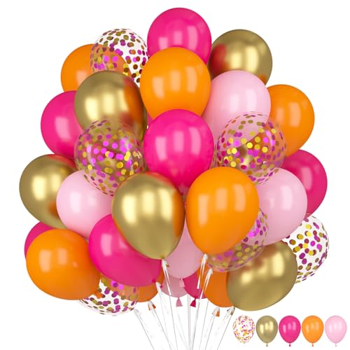 60 Stück Luftballons Rosa Orange, Hot Rosa Orange Ballons, Fuchsia Rosa Orange Luftballons mit Macaron Pink Gold Konfetti Helium Latexballons für Mädchen Geburtstag Hochzeit Babyparty Party Dekoration