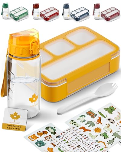 LAUBGOLD® Brotdose Kinder mit Fächern & Trinkflasche Kinder mit Stickern | BPA-freies Kita Set | Leichte Trinkflasche Kinder 350ml auslaufsicher u. Kohlensäure geeignet | 530ml Lunchbox mit 4 Fächern