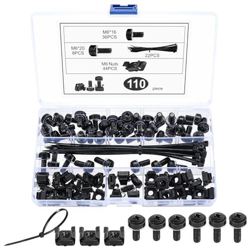 110 STK M6 Käfigmuttern Montage Set, Rack Muttern & Schrauben für Netzwerkschrank Servergehäuse Steckdosenleiste, mit 22 Kabelbinder (Schwarz)