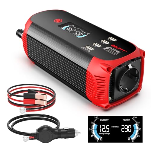 BELTTT 500W Wechselrichter 12v auf 230v, 1000W Spitze Spannungswandler 12V 230V mit EU-Steckdose, 4 USB-Anschlüssen und LCD-Digitalanzeige für Auto, Wohnwagen, Boot, Camping