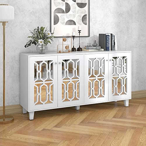 LATICO Sideboard Kommode mit 4 Türen, Sideboard weiß Küchenschrank, Sideboard Wohnzimmer Beistellschrank Schrank Mehrzweckschrank Flurschrankmit viel Stauraum, verstellbare Regale, 160x40x84cm(BxTxH)