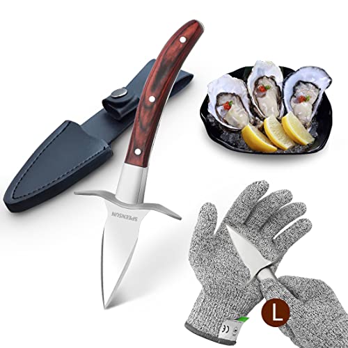 SPEENSUN Austernmesser,Austernmesser Und Handschuh,Austern Set mit Premium-Holzgriff,Edelstahl Austernöffner mit Handschuhe mit Schutzstufe 5 (L) Oyster Messer