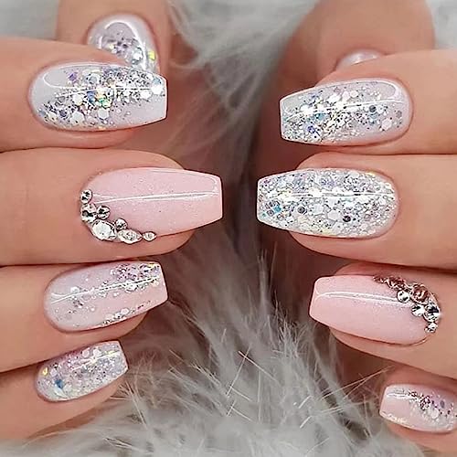 24 Stück Nägel zum Aufkleben Sarg Mittel Weiß Rosa French Tip Kunstnägel Press on Nails Vollabdeckung Natürliche Acryl Fingernägel Künstliche Nägel mit Strass für Frauen und Mädchen