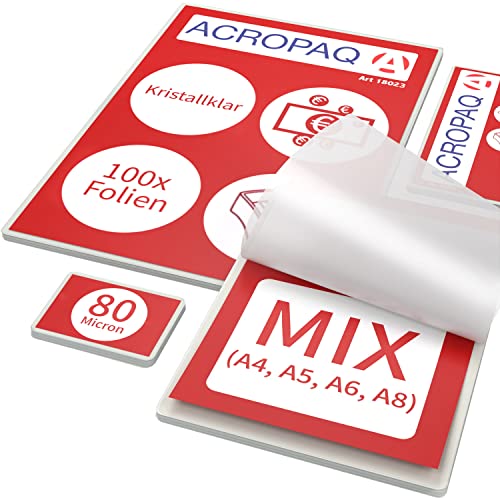 ACROPAQ Laminierfolien MIX - 80 mic, 100 Stück (A4, A5, A6, je 20 Stück, A8-Visitenkartenformat, 40 Stück), Glaenzend, Premium Qualität, Abgerundete Ecken, Geeignet für Fotos und Hinweise - 18023